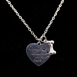 Handmade Silvertone "All My Children Have Paws" Heart & Dog Bone Necklace, New